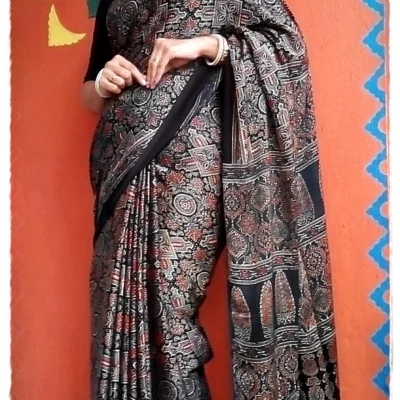 Aabhooshan ~ Premium Modal Silk Ajrakh Hand Block Print Designer Saree.