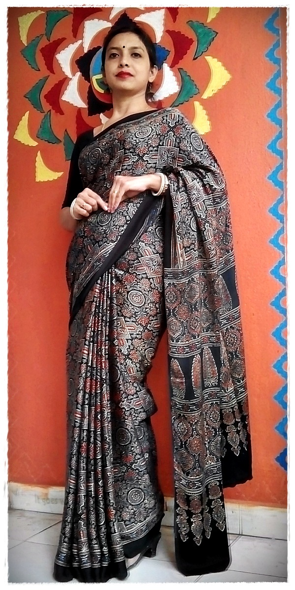 Aabhooshan ~ Premium Modal Silk Ajrakh Hand Block Print Designer Saree.