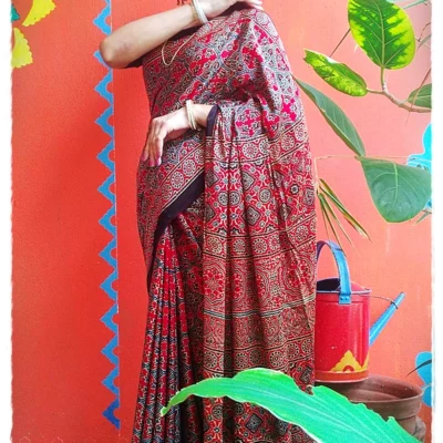 Lalitya ~ Premium Modal Silk Ajrakh Hand Block Print Designer Saree.