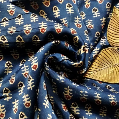 IndiGo Blue Modal Silk Ajrakh Block Print Natural Dyed Fabric / Mtr.