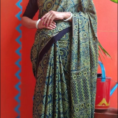 Sanjh~ Premium Modal Silk Ajrakh Hand Block Print Designer Saree.