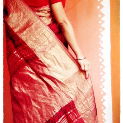Shaayaraana ~ Classic Linen Ajrakh Hand Block Print Designer Saree with Zari Border.