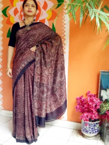 Saujanya ~Premium Mulberry Silk Ajrakh Hand Block Print Saree.