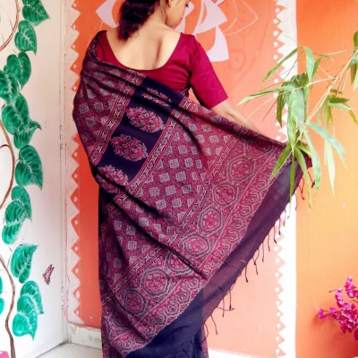 Naksha ~ Pure Muslin Cotton Ajrakh Hand Block Print Saree.
