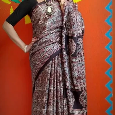 Sisha ~ Premium Modal Silk Ajrakh Hand Block Print Designer Saree.