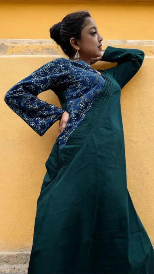 ABASHA - Free Flow Kimono themed Front Up Back Down Flow Dress Ajrakh block Print highlights on right Sleeve and Neck Line . - Image 2
