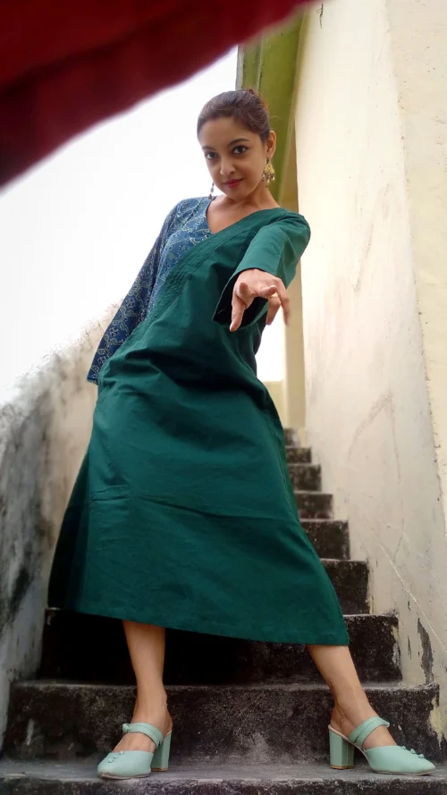 ABASHA - Free Flow Kimono themed Front Up Back Down Flow Dress Ajrakh block Print highlights on right Sleeve and Neck Line . - Image 5