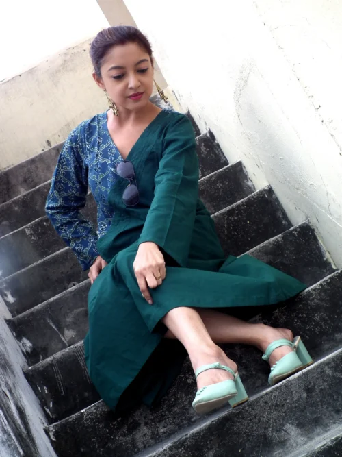 ABASHA - Free Flow Kimono themed Front Up Back Down Flow Dress Ajrakh block Print highlights on right Sleeve and Neck Line . - Image 3