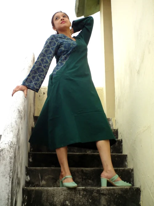 ABASHA - Free Flow Kimono themed Front Up Back Down Flow Dress Ajrakh block Print highlights on right Sleeve and Neck Line . - Image 7