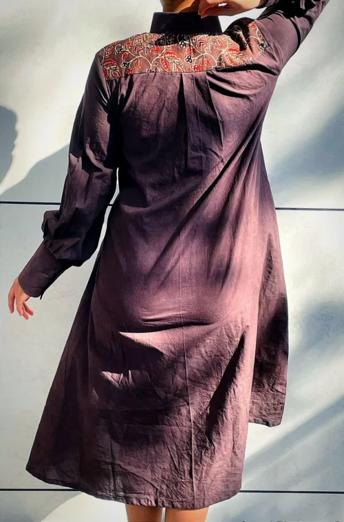 AKROTIRI - Buttoned Lantern Sleeves warm Chocolate Collared A Line Dress with a Big Stylish Adjustable Bow, perfect for Your vacation. - Image 7