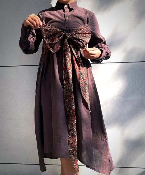 AKROTIRI - Buttoned Lantern Sleeves warm Chocolate Collared A Line Dress with a Big Stylish Adjustable Bow, perfect for Your vacation. - Image 6