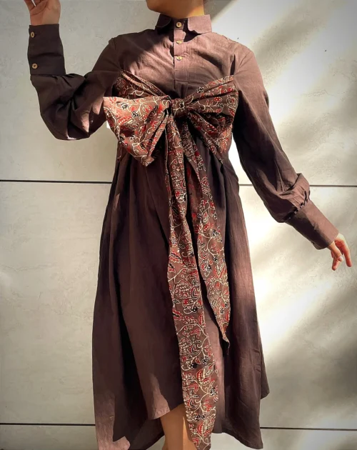 AKROTIRI - Buttoned Lantern Sleeves warm Chocolate Collared A Line Dress with a Big Stylish Adjustable Bow, perfect for Your vacation. - Image 4