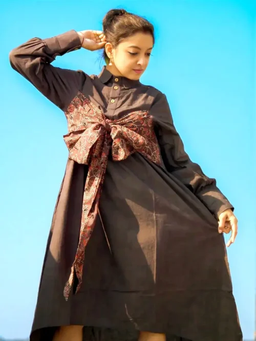 AKROTIRI - Buttoned Lantern Sleeves warm Chocolate Collared A Line Dress with a Big Stylish Adjustable Bow, perfect for Your vacation. - Image 2