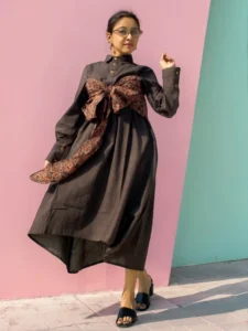 AKROTIRI - Buttoned Lantern Sleeves warm Chocolate Collared A Line Dress with a Big Stylish Adjustable Bow, perfect for Your vacation.