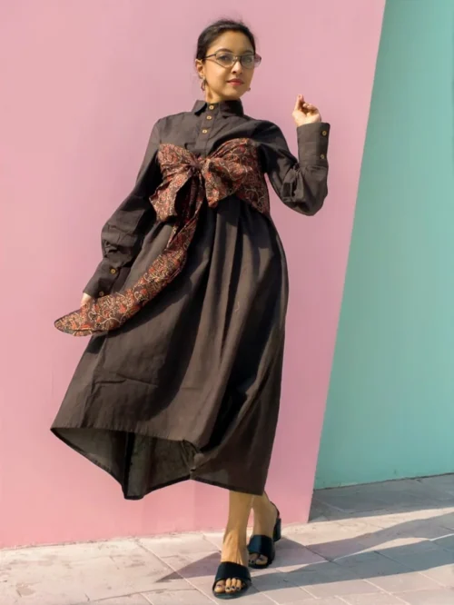 AKROTIRI - Buttoned Lantern Sleeves warm Chocolate Collared A Line Dress with a Big Stylish Adjustable Bow, perfect for Your vacation.