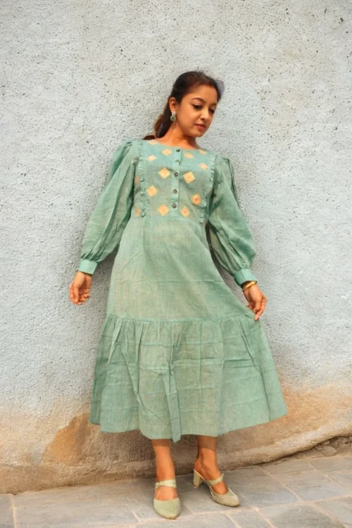 COASTLINE - Emerald Green Round Neck Embroidered Full Sleeved Tiered A-Line Dress for Summer Party & Get Together - Image 3