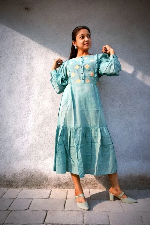COASTLINE - Emerald Green Round Neck Embroidered Full Sleeved Tiered A-Line Dress for Summer Party & Get Together - Image 4
