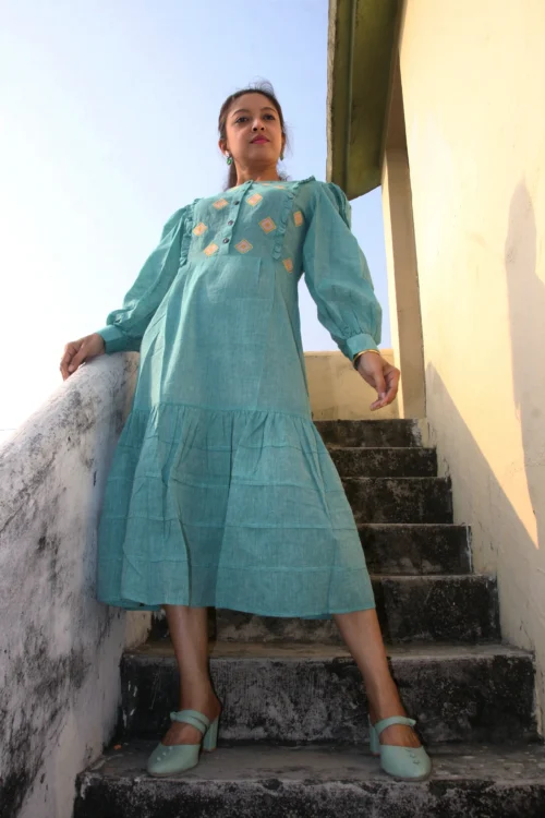 COASTLINE - Emerald Green Round Neck Embroidered Full Sleeved Tiered A-Line Dress for Summer Party & Get Together - Image 5