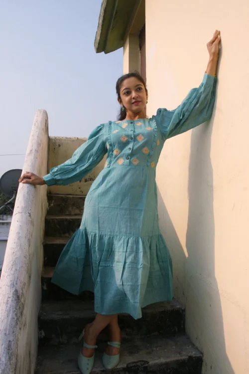 COASTLINE - Emerald Green Round Neck Embroidered Full Sleeved Tiered A-Line Dress for Summer Party & Get Together