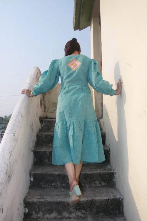 COASTLINE - Emerald Green Round Neck Embroidered Full Sleeved Tiered A-Line Dress for Summer Party & Get Together - Image 7