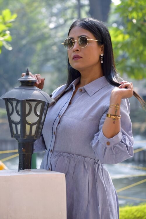 SALSA VIBES- Multi Tiered Linen Cotton Flared Semi Casual Summer Dress with Handcrafted Horn Buttons,Pleated Swirling Frills. - Image 6