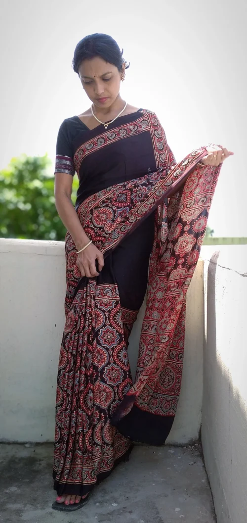 Shabeki~ Premium Modal Silk Ajrakh Hand Block Print Designer Saree. - Image 5