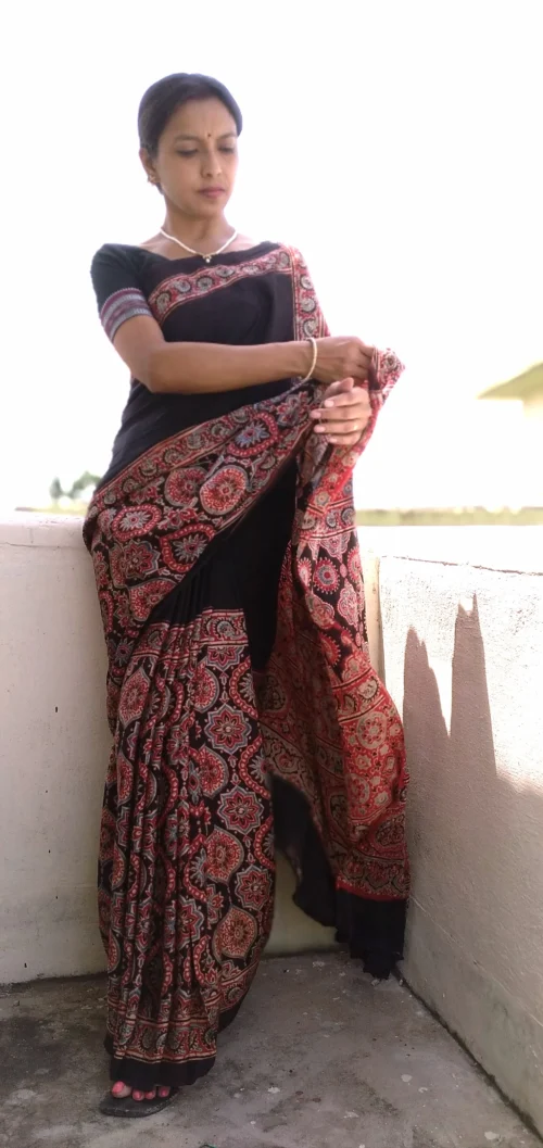 Shabeki~ Premium Modal Silk Ajrakh Hand Block Print Designer Saree. - Image 3