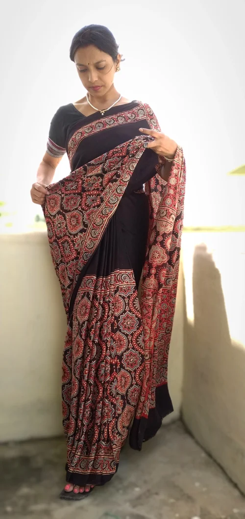 Shabeki~ Premium Modal Silk Ajrakh Hand Block Print Designer Saree. - Image 7