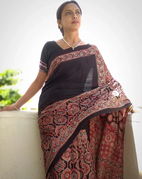 Shabeki~ Premium Modal Silk Ajrakh Hand Block Print Designer Saree.
