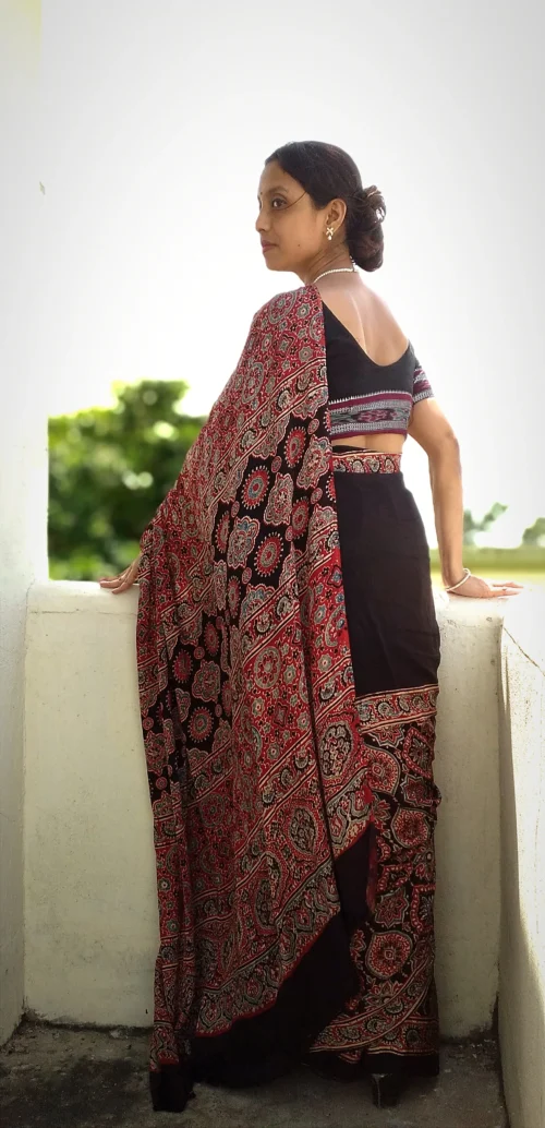 Shabeki~ Premium Modal Silk Ajrakh Hand Block Print Designer Saree. - Image 2