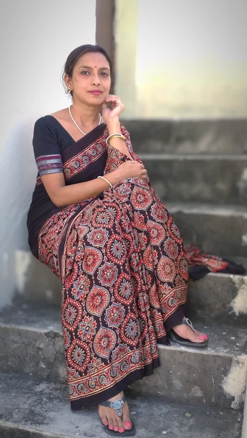 Shabeki~ Premium Modal Silk Ajrakh Hand Block Print Designer Saree. - Image 4