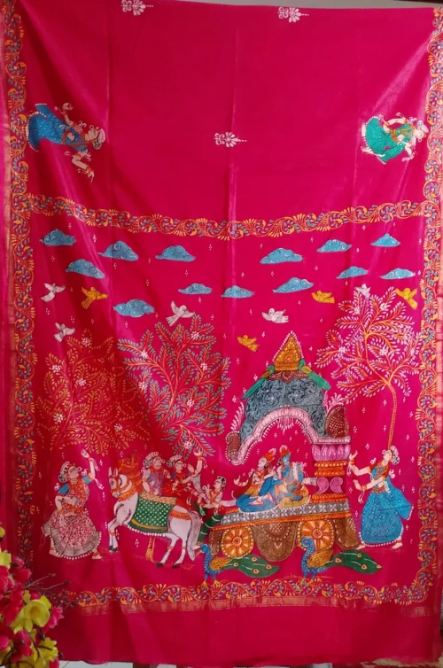 Mathura Vijay -Handcrafted PremiumTussar & Banana Silk Pattachitra Saree |Flush Pink - Image 6