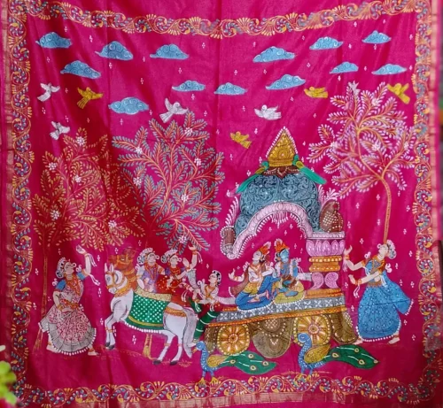 Mathura Vijay -Handcrafted PremiumTussar & Banana Silk Pattachitra Saree |Flush Pink - Image 2