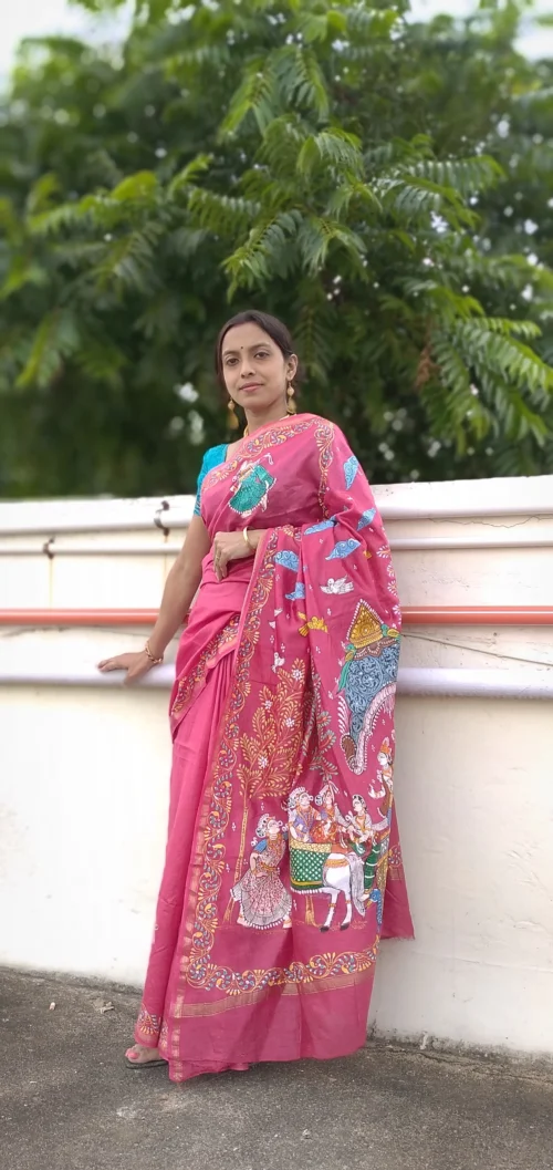 Mathura Vijay -Handcrafted PremiumTussar & Banana Silk Pattachitra Saree |Flush Pink - Image 3