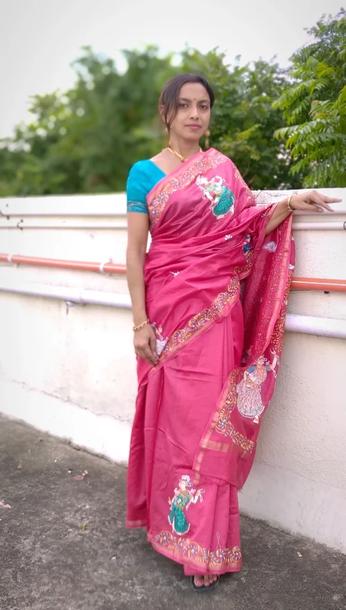 Mathura Vijay -Handcrafted PremiumTussar & Banana Silk Pattachitra Saree |Flush Pink - Image 4