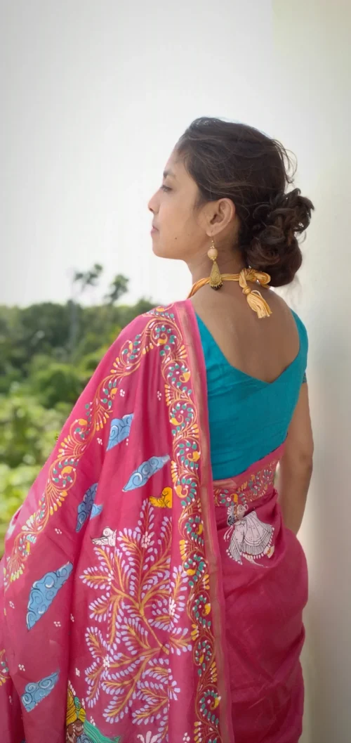 Mathura Vijay -Handcrafted PremiumTussar & Banana Silk Pattachitra Saree |Flush Pink - Image 8