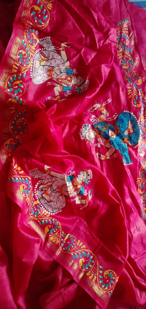 Mathura Vijay -Handcrafted PremiumTussar & Banana Silk Pattachitra Saree |Flush Pink - Image 9