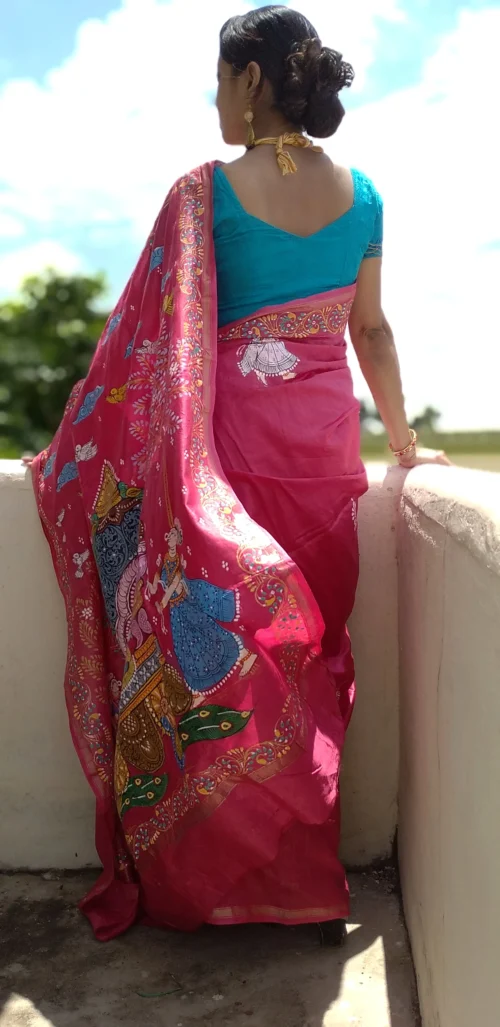 Mathura Vijay -Handcrafted PremiumTussar & Banana Silk Pattachitra Saree |Flush Pink - Image 10