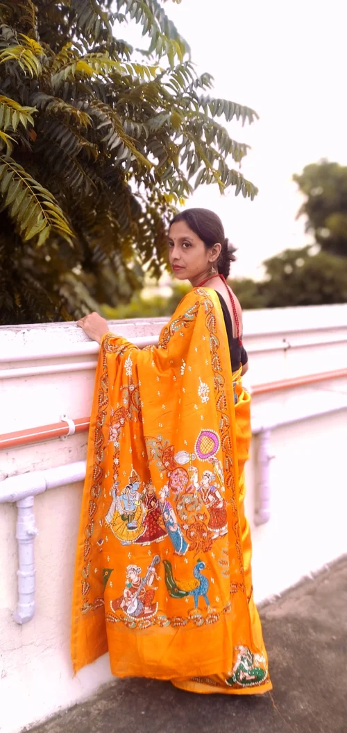 Krishna Leela -Handcrafted PremiumTussar & Modal Silk Pattachitra Saree | Chrome Yellow - Image 9