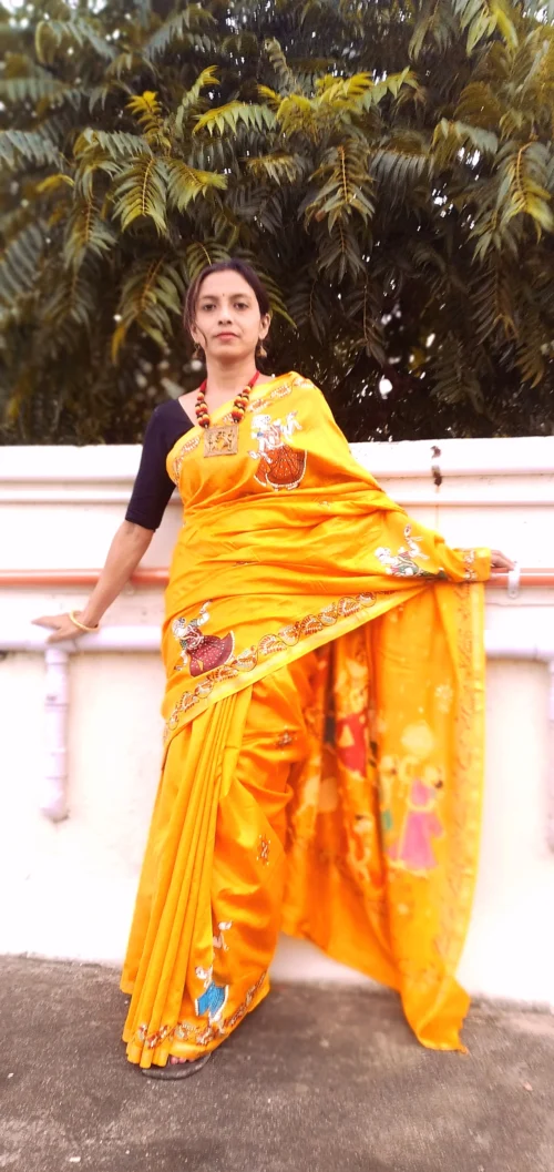 Krishna Leela -Handcrafted PremiumTussar & Modal Silk Pattachitra Saree | Chrome Yellow - Image 8