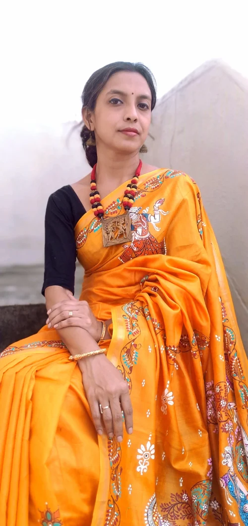 Krishna Leela -Handcrafted PremiumTussar & Modal Silk Pattachitra Saree | Chrome Yellow