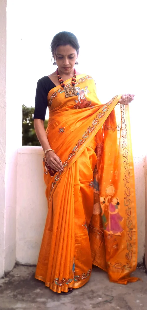 Krishna Leela -Handcrafted PremiumTussar & Modal Silk Pattachitra Saree | Chrome Yellow - Image 6