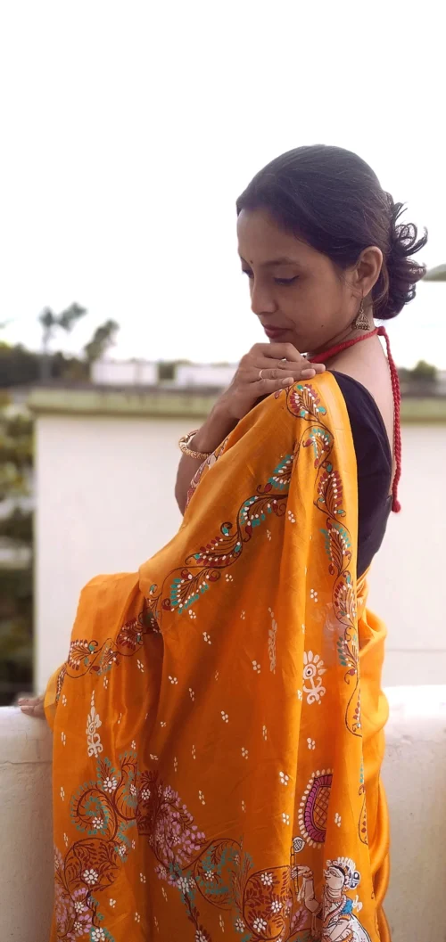Krishna Leela -Handcrafted PremiumTussar & Modal Silk Pattachitra Saree | Chrome Yellow - Image 7