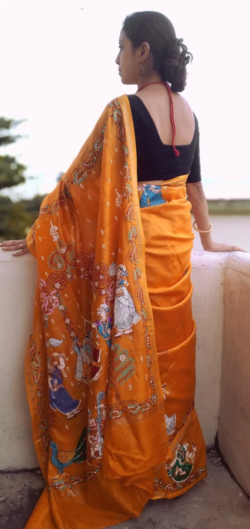 Krishna Leela -Handcrafted PremiumTussar & Modal Silk Pattachitra Saree | Chrome Yellow - Image 5