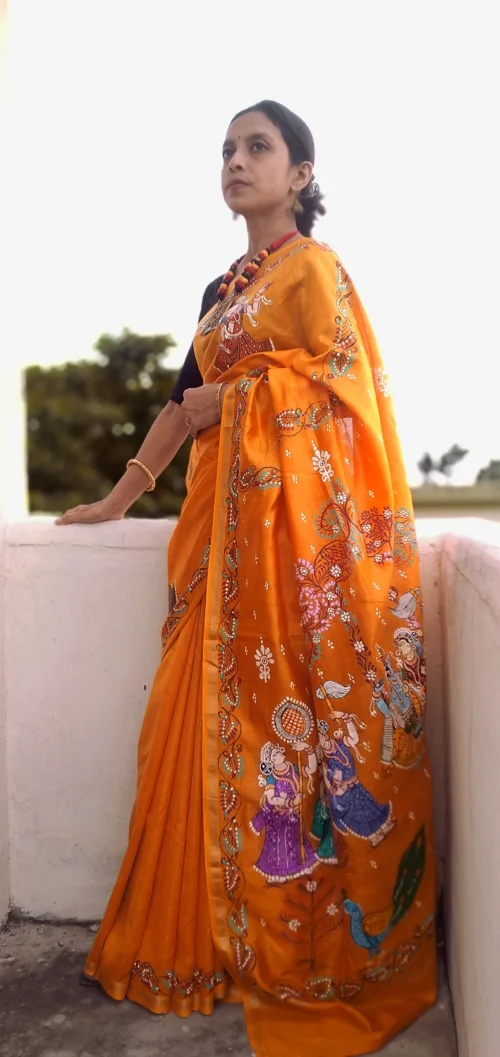 Krishna Leela -Handcrafted PremiumTussar & Modal Silk Pattachitra Saree | Chrome Yellow - Image 4