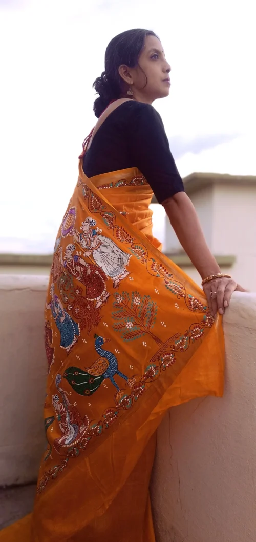 Krishna Leela -Handcrafted PremiumTussar & Modal Silk Pattachitra Saree | Chrome Yellow - Image 3