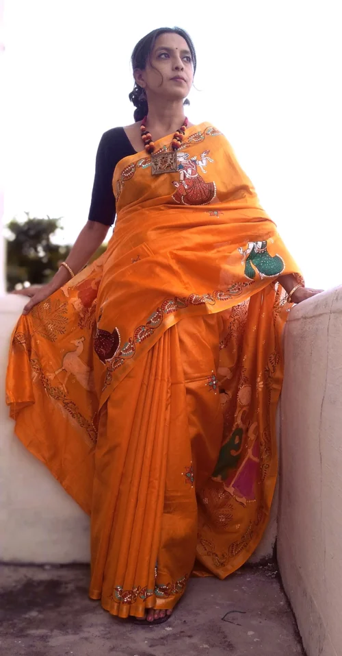 Krishna Leela -Handcrafted PremiumTussar & Modal Silk Pattachitra Saree | Chrome Yellow - Image 2