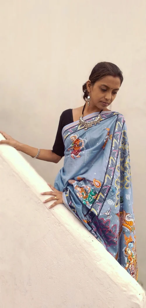 Nauka Vihar Raas Leela -Handcrafted PremiumTussar & Modal Silk Pattachitra Saree |Steel Blue - Image 2