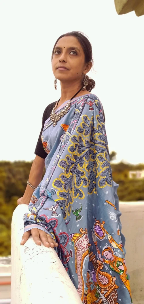 Nauka Vihar Raas Leela -Handcrafted PremiumTussar & Modal Silk Pattachitra Saree |Steel Blue - Image 4