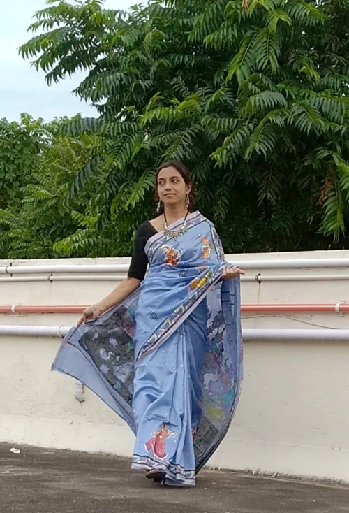 Nauka Vihar Raas Leela -Handcrafted PremiumTussar & Modal Silk Pattachitra Saree |Steel Blue - Image 7